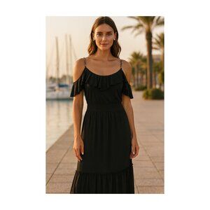 MICHAEL Michael Kors Black Cold Shoulder Ruffle Maxi Dress Boho Women's Size SM